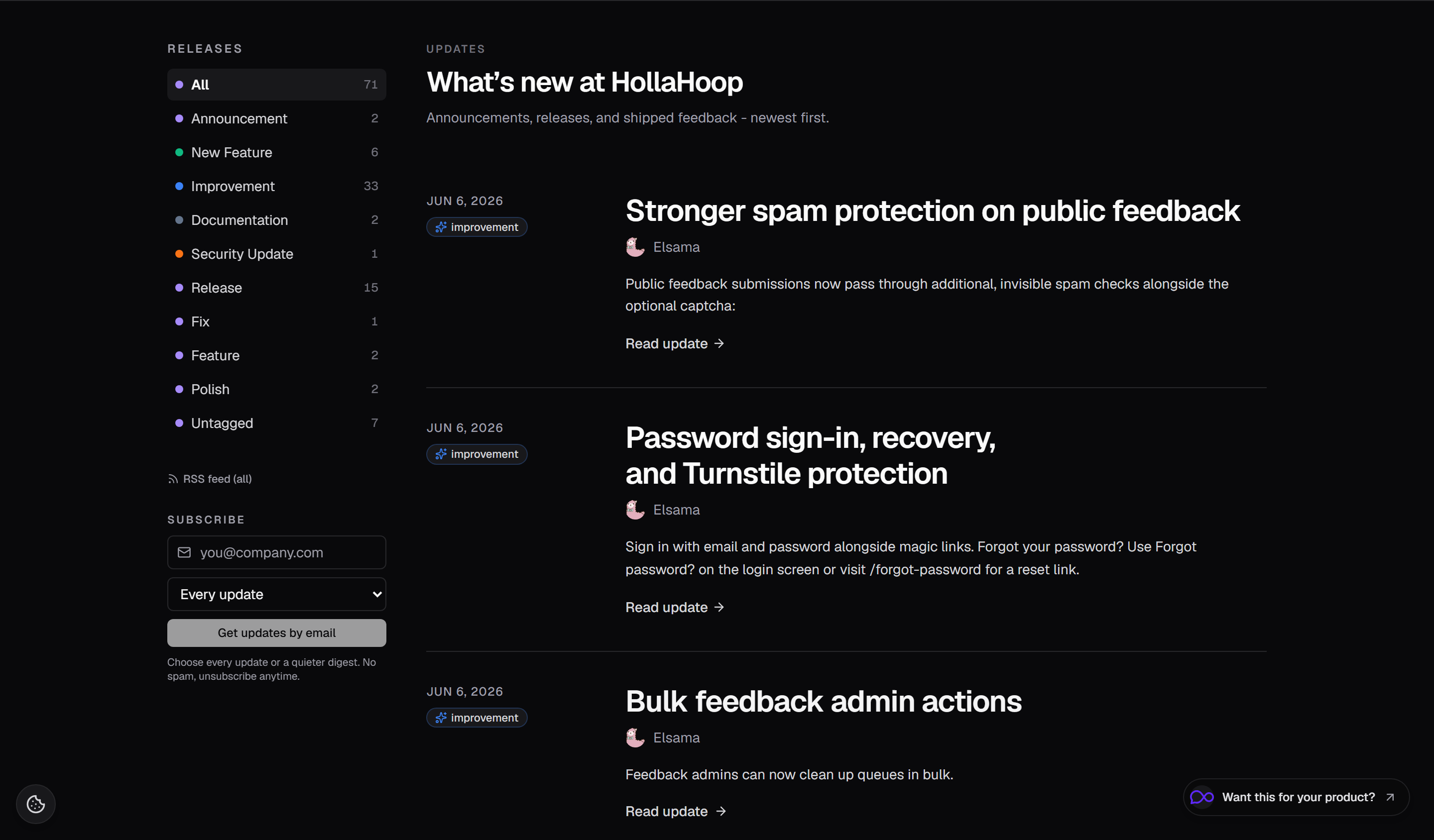Hollahoop changelog with release notes and tag filters