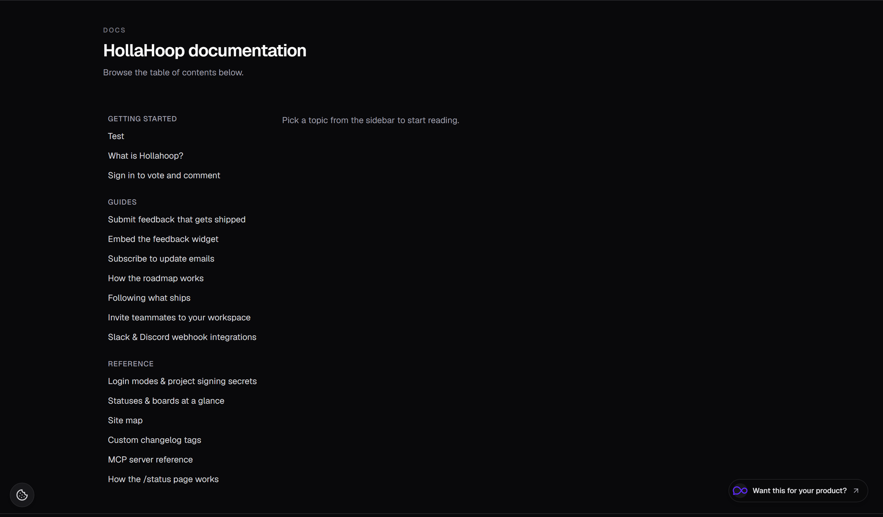 Hollahoop product docs with sidebar navigation and search