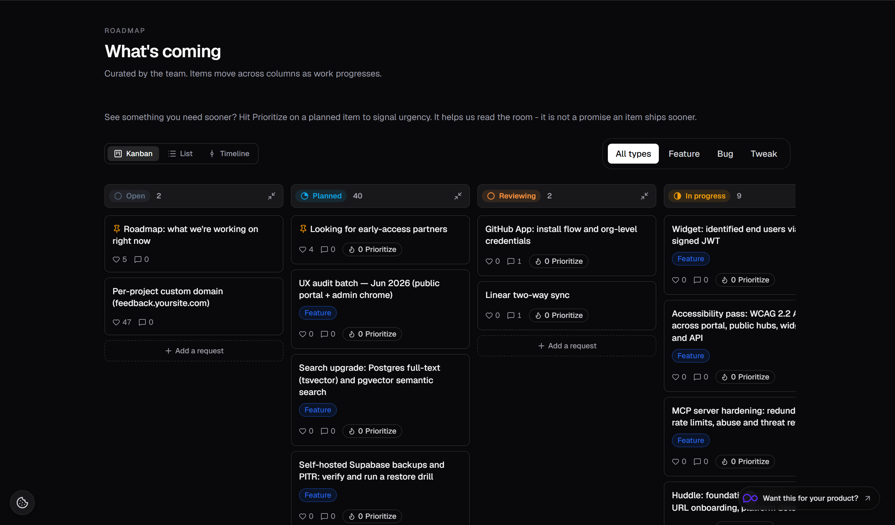 Hollahoop public roadmap kanban with planned and in-progress columns